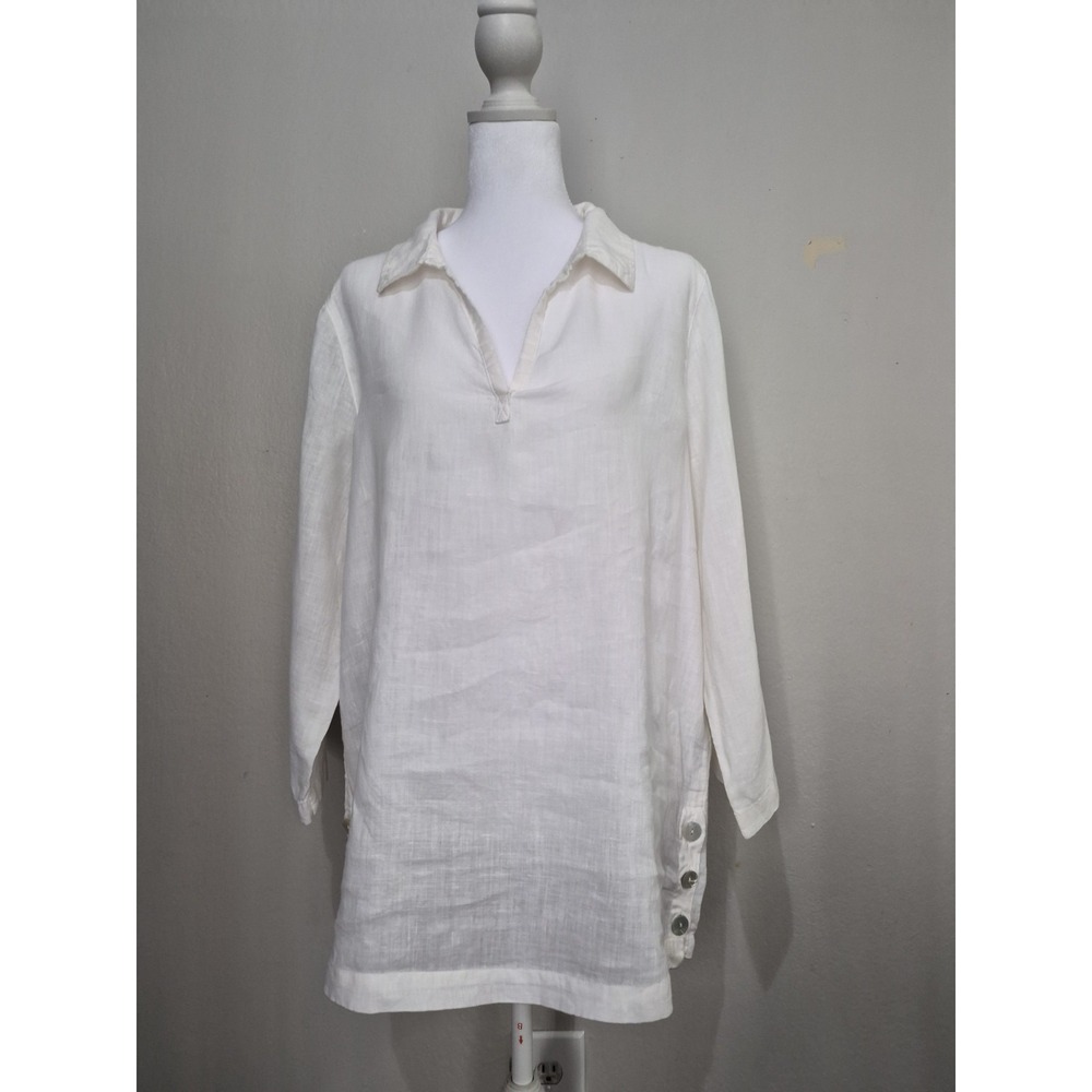 TAHARI White 100% Linen Tunic Blouse Shirt Sz L Popover Minimalist Coastal Beach